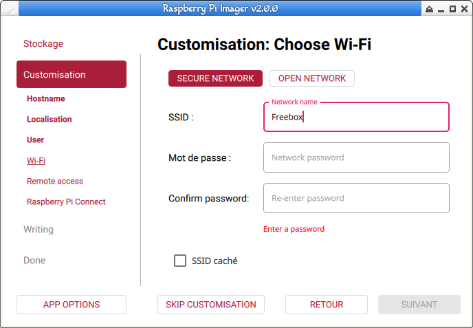 Raspberry Pi Imager. Si vous utiliser la connexion wifi entrez le nom du réseau et le mot de passe.