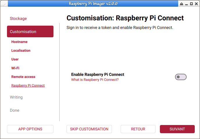 Raspberry Pi Imager. Activé la connexion à Raspberry Connect (facultatif).