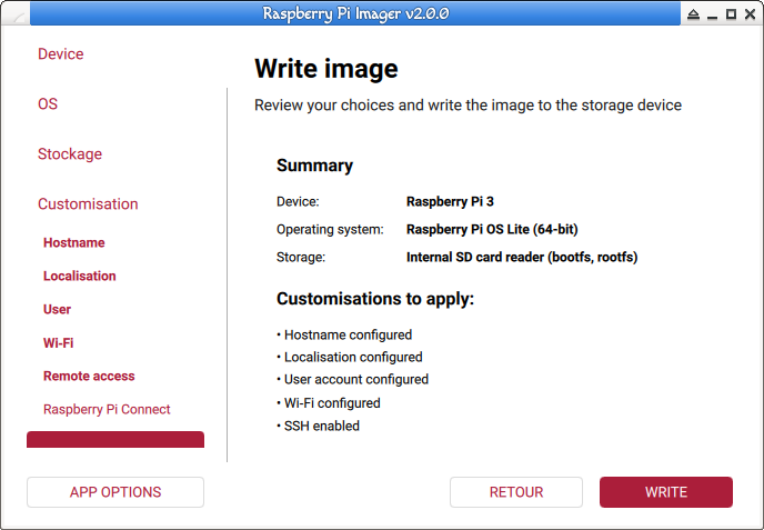 Raspberry Pi Imager. Vérifiez les option avant de lancer l'écriture.