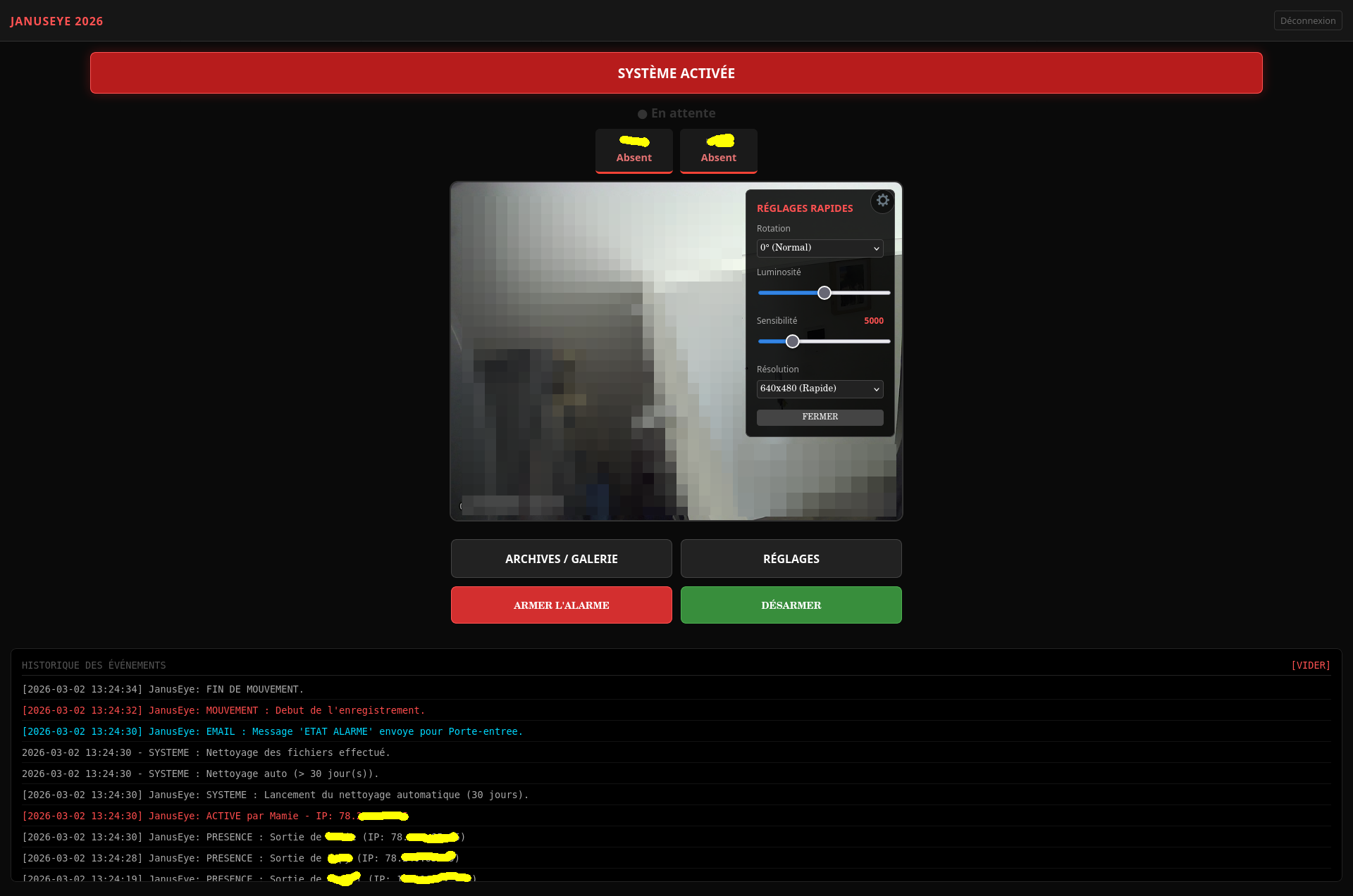 Les options du Dashboard de JanusEye