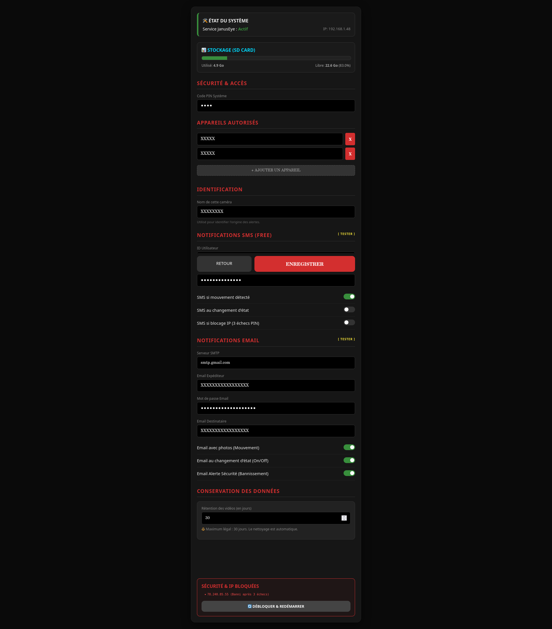 JanusEye - la page de réglages des options 